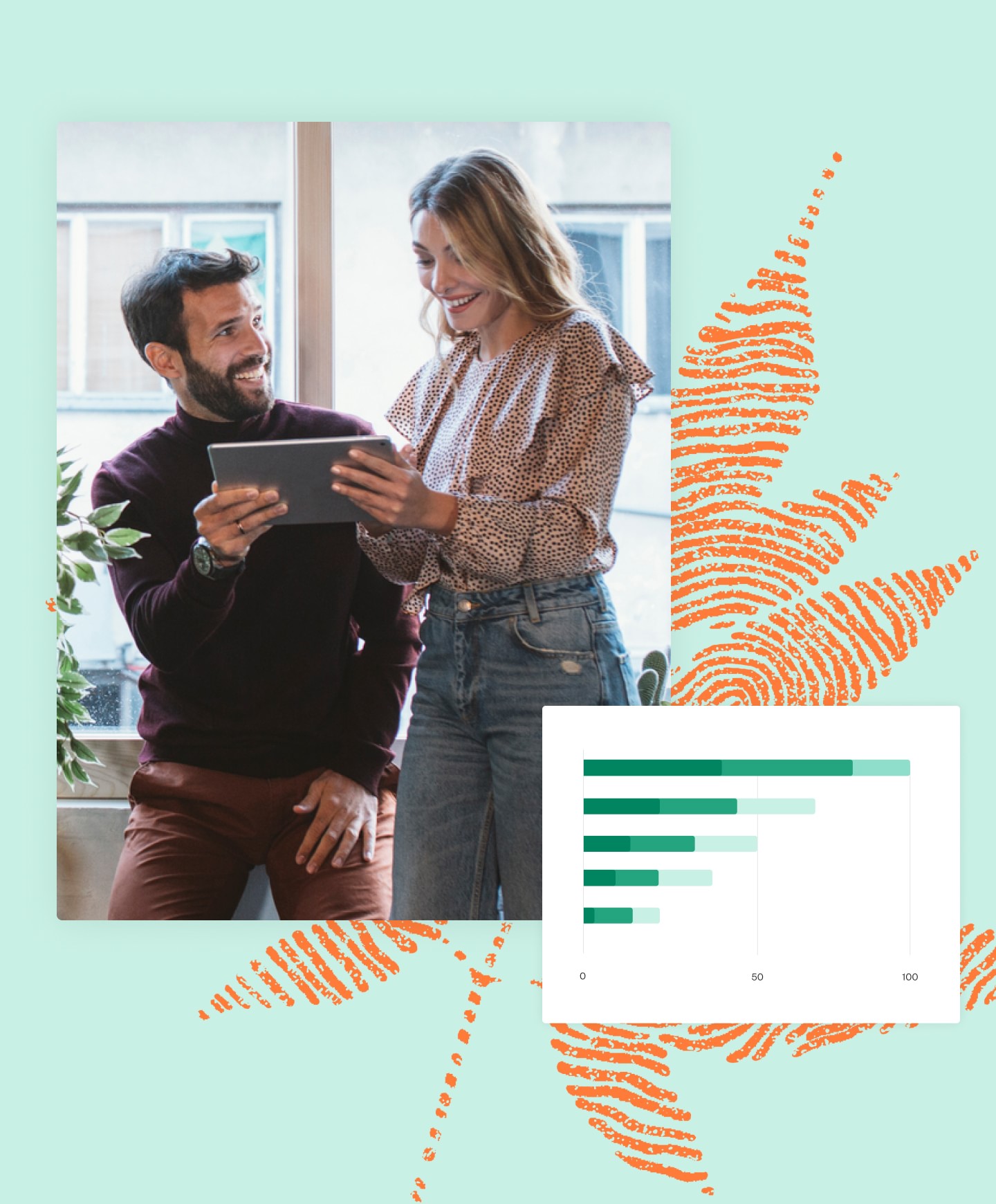 Two colleagues reviewing a report on tablet smiling with infographic