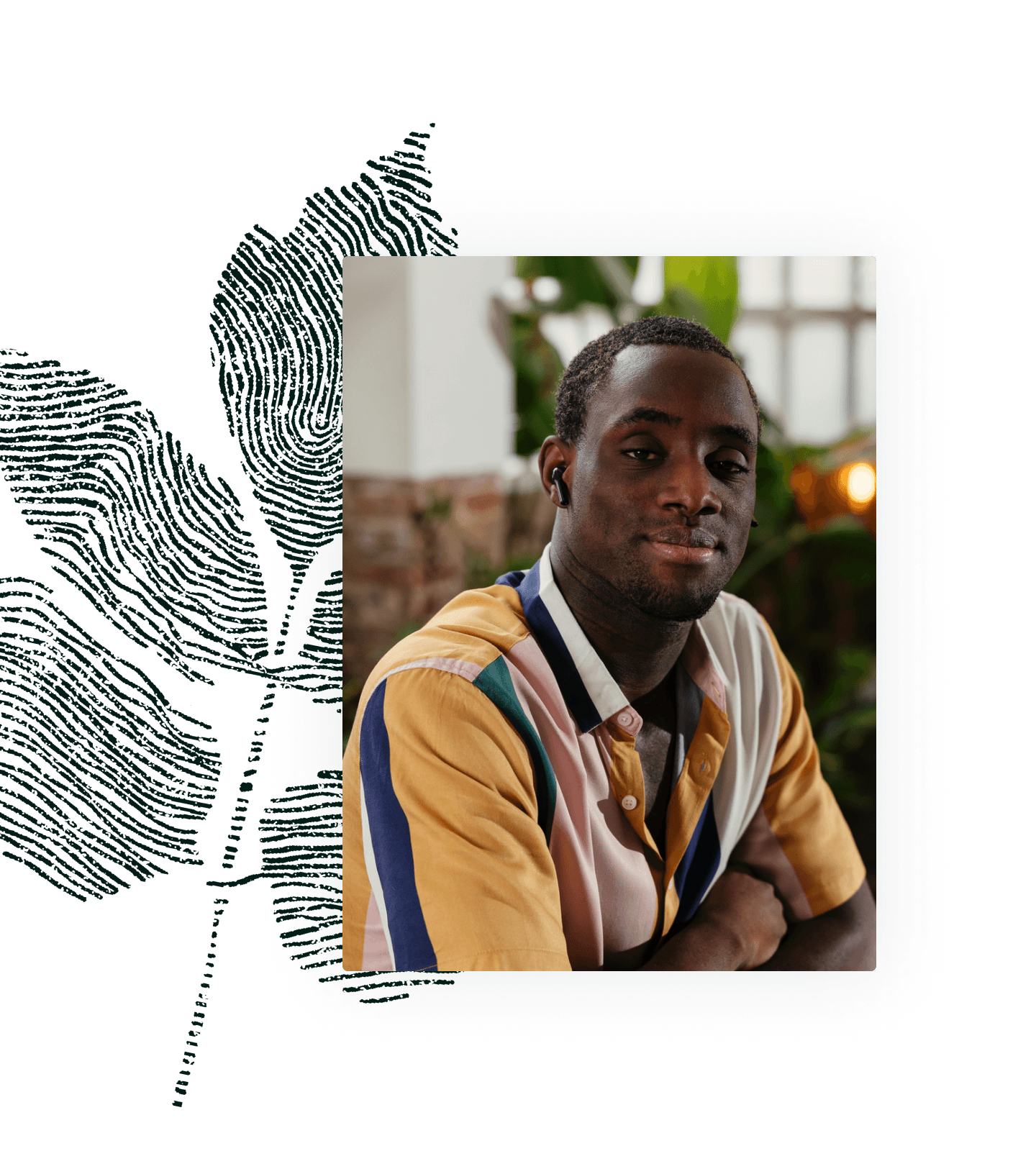 Collage of fingerprint illustration and man wearing yellow striped shirt posing in an office