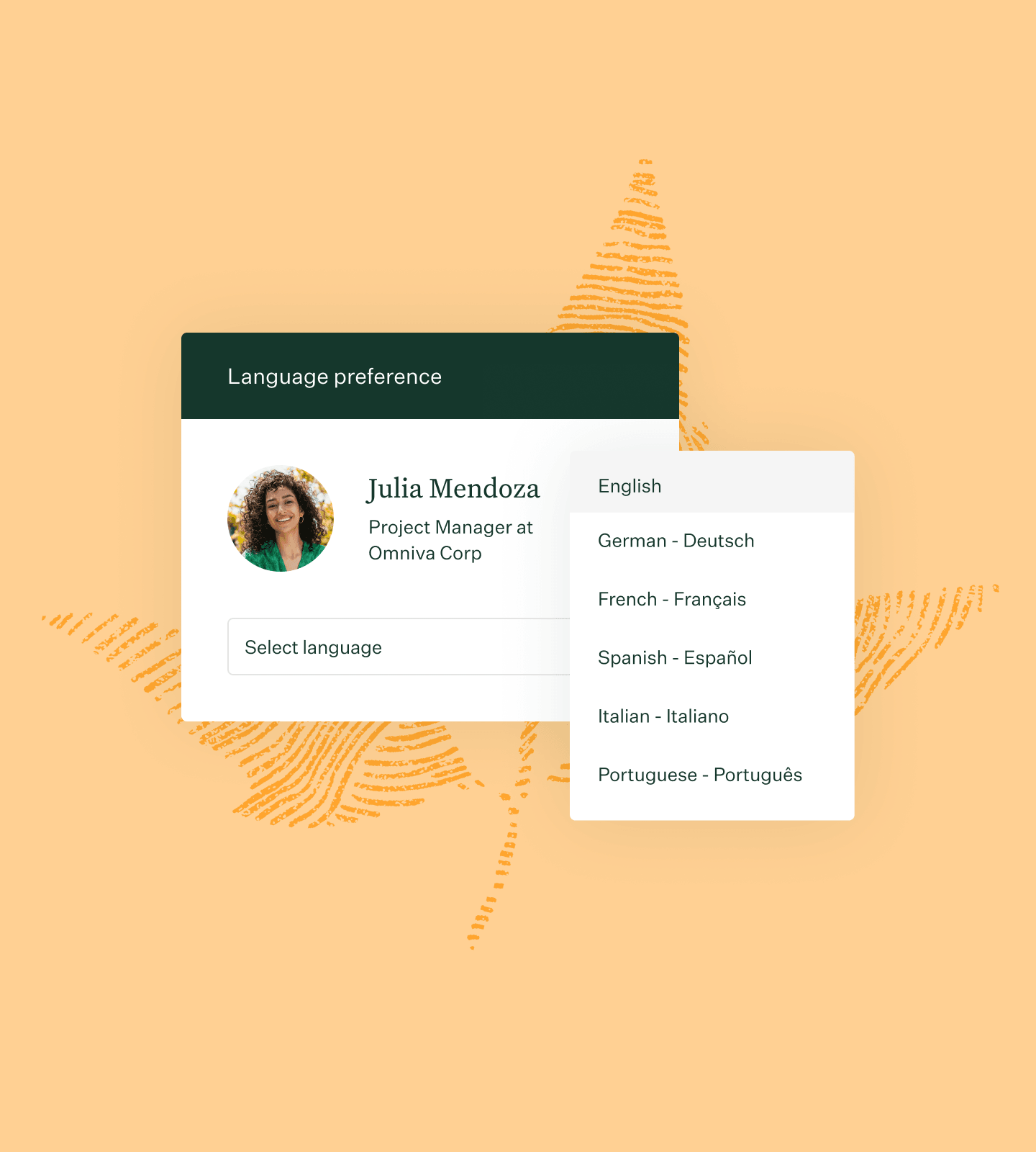 Collage of language preference ui and fingerprint leaf with marigold background