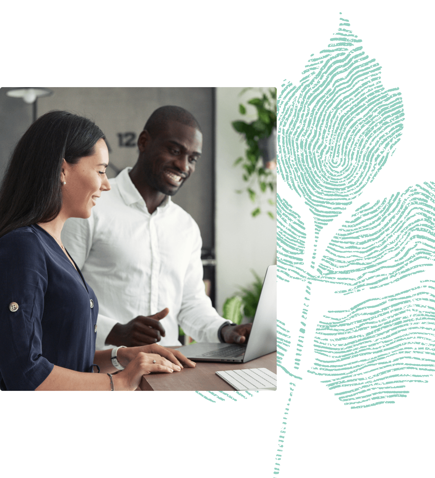 Collage of man and woman looking at a computer office setting with fingerprint leaf