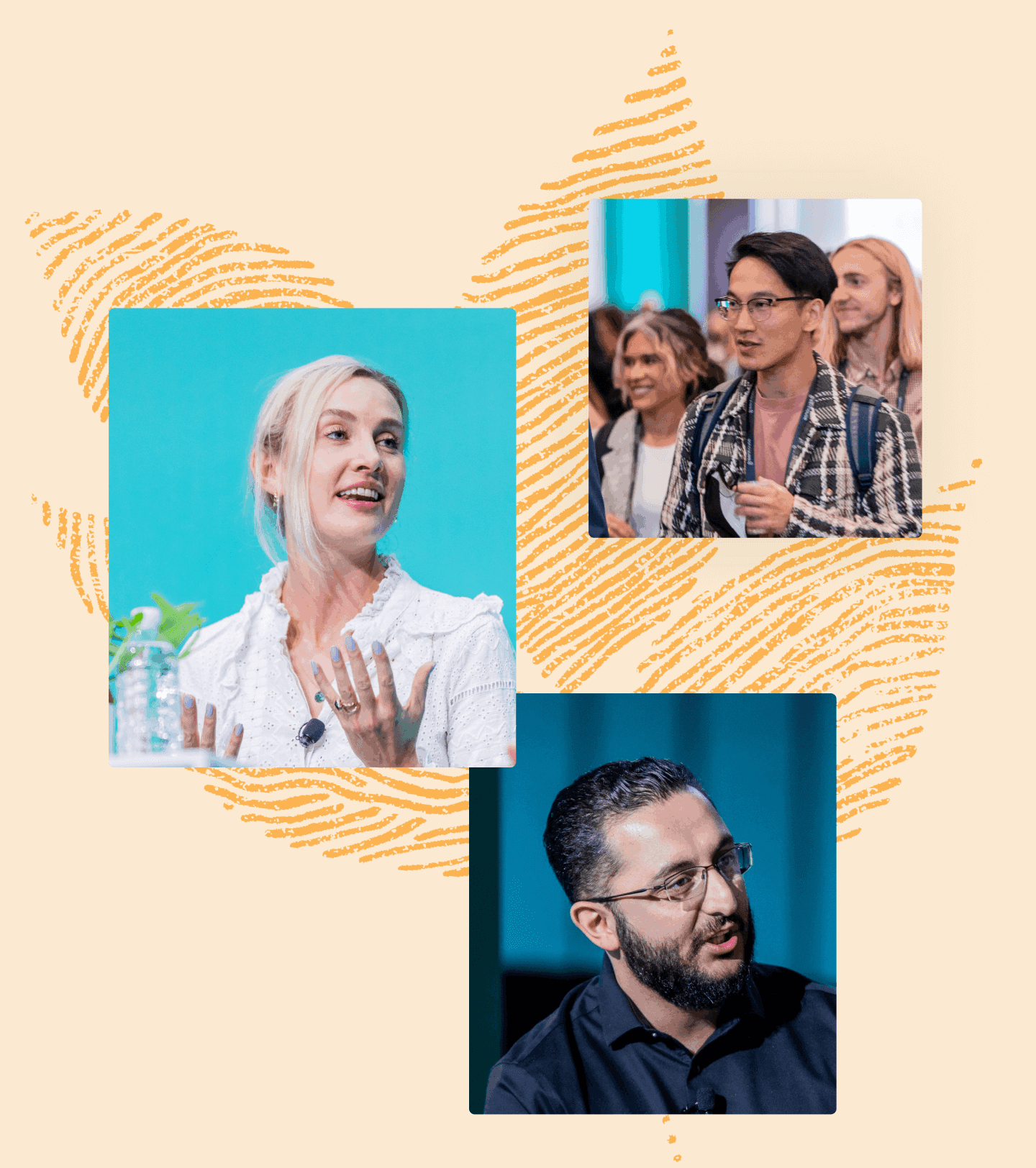 Collage of three people speaking and asking questions at Open desktop