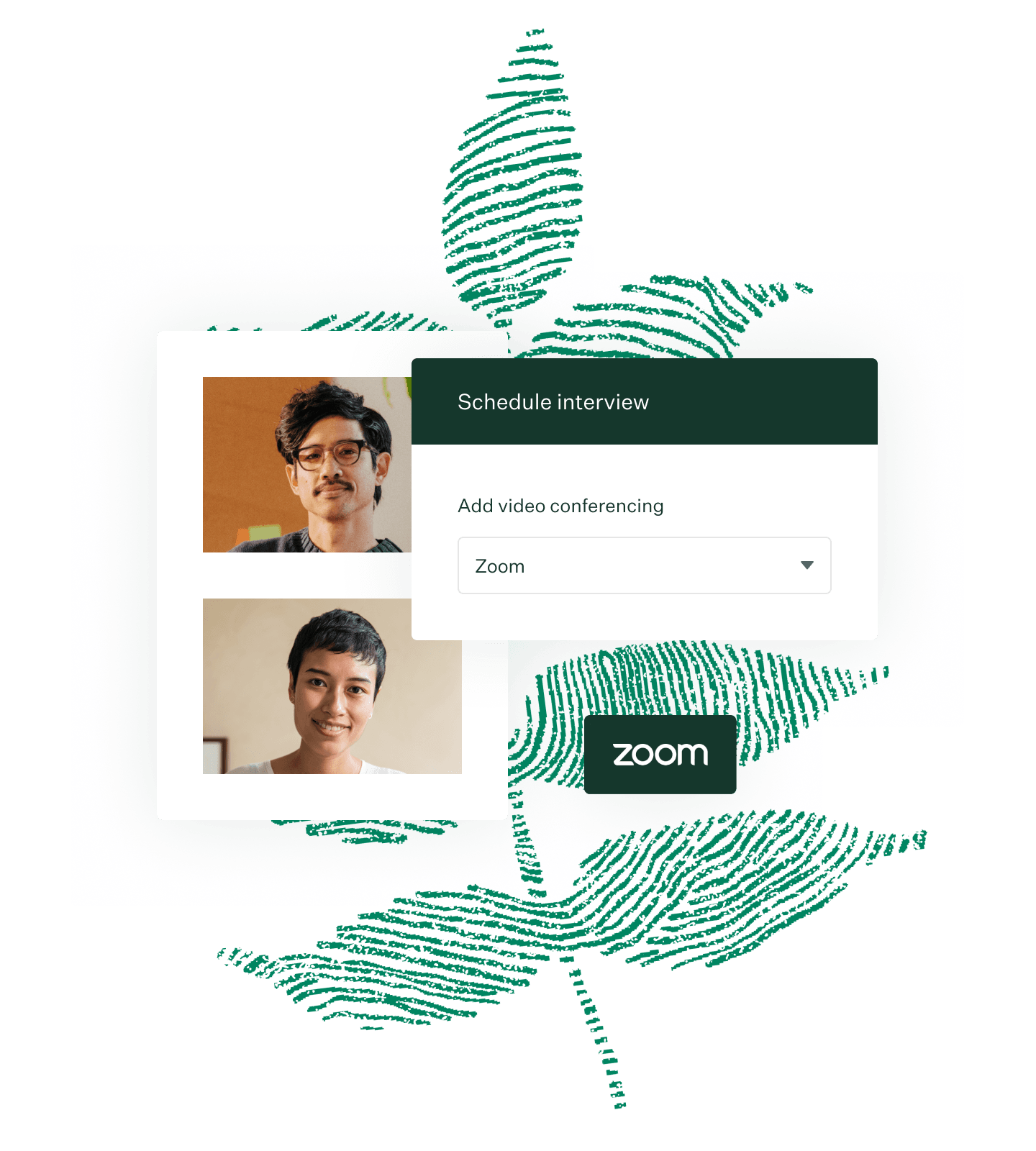 Collage of virtual interview experience zoom logo fingerprint leaf illustration