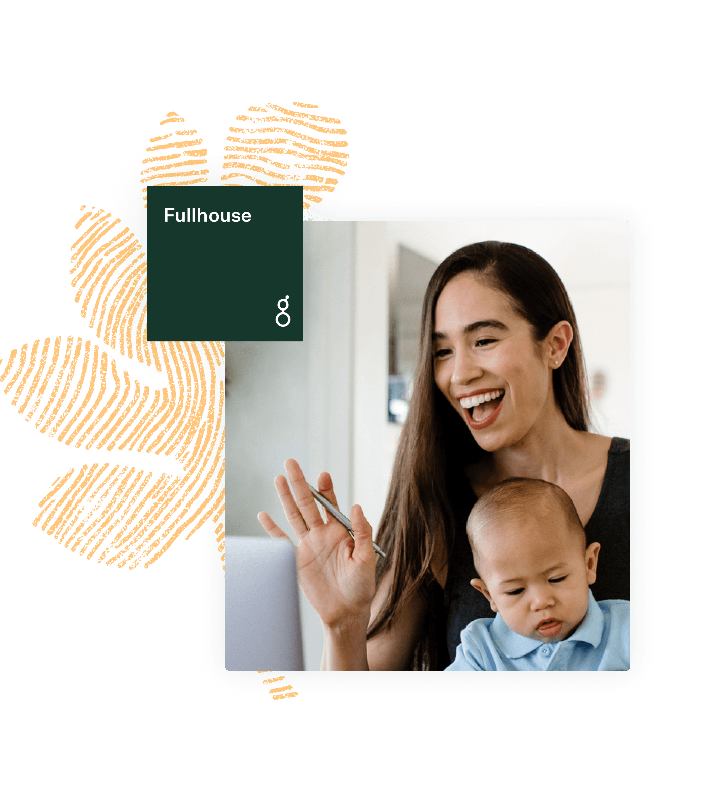 Collage of woman working with a baby at computer and yellow fingerprint leaf illsutration along with fullhouse logo