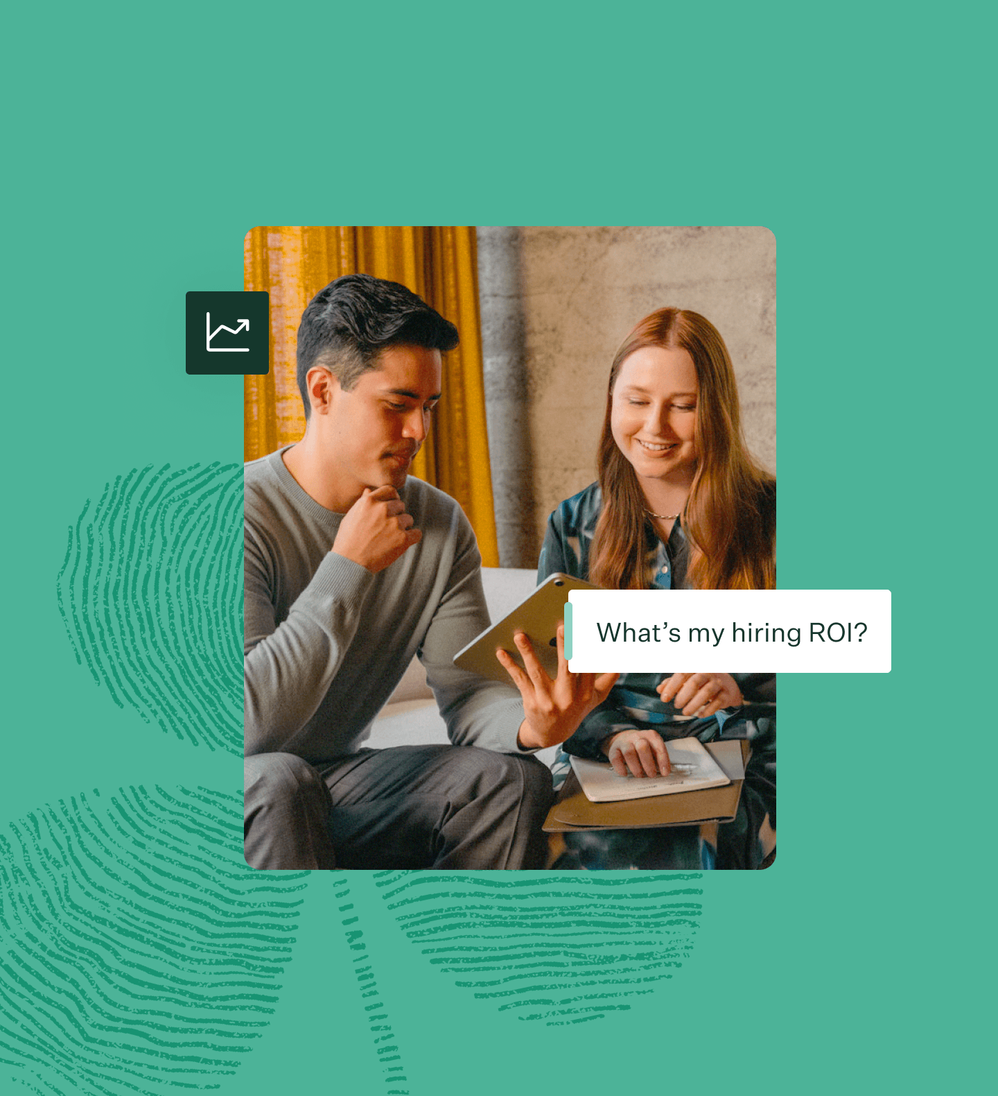 Coworkers in a casual lounge setting discussing information on a tablet with a Greenhouse green fingerprint leaf a chart icon and a text blurb