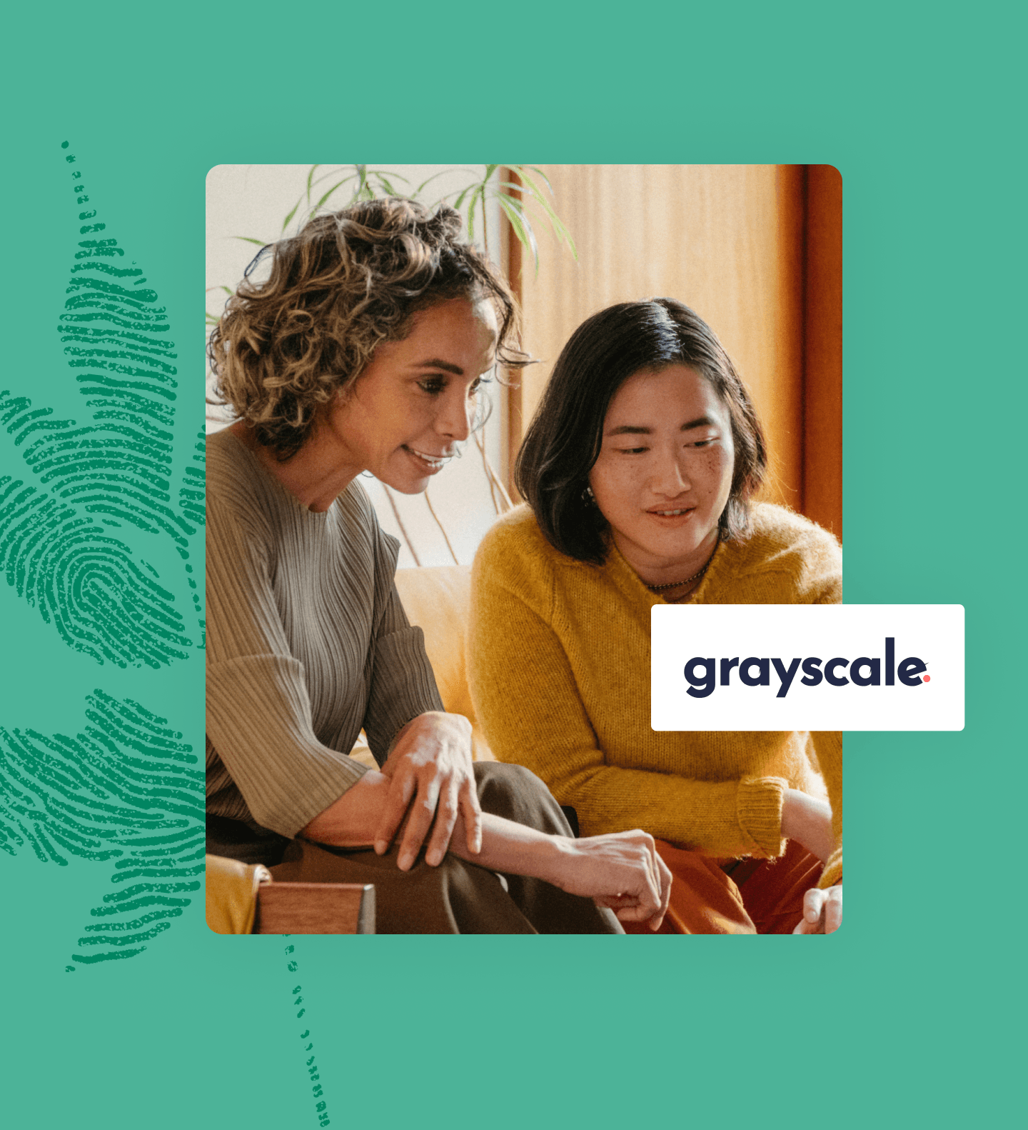 Grayscale logo two woman in office collaborating green fingerprint leaf