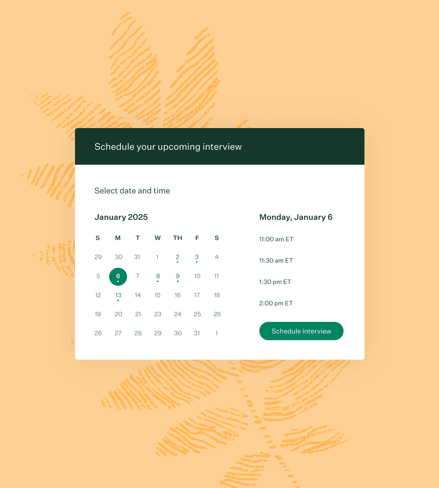 Greenhouse candidate self schedule interview UI and marigold fingerprint leaf illustration collage