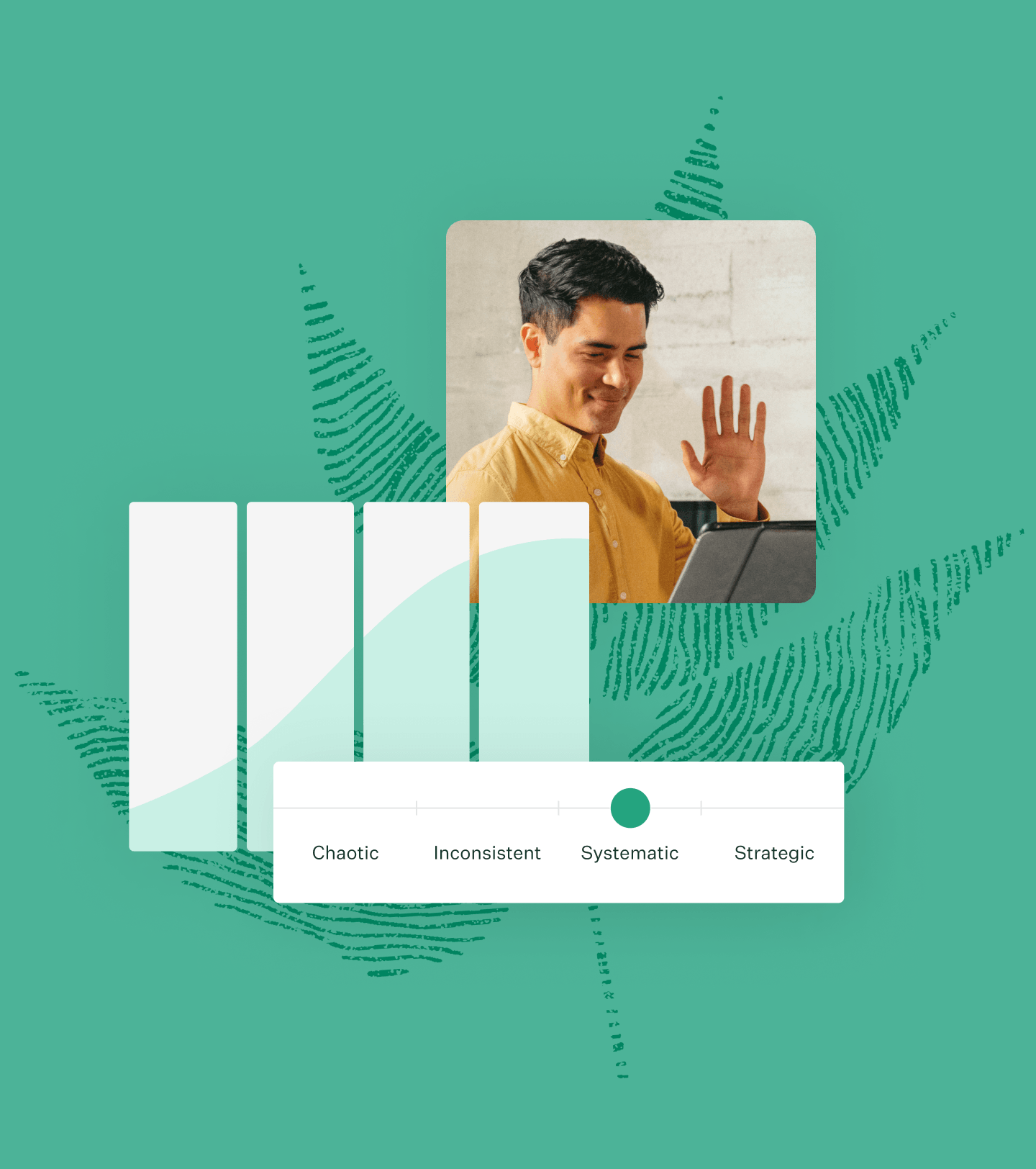 Greenhouse Hiring Maturity curve UI and man in yellow sweater waving at a tablet with green fingerprint leaf illustration