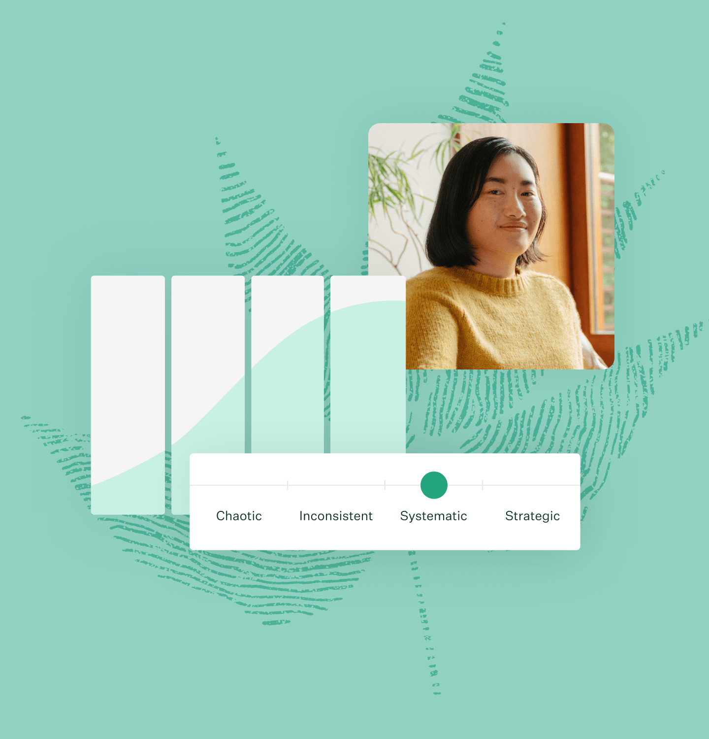 Greenhouse Hiring Maturity curve UI and woman wearing yellow sweater in office