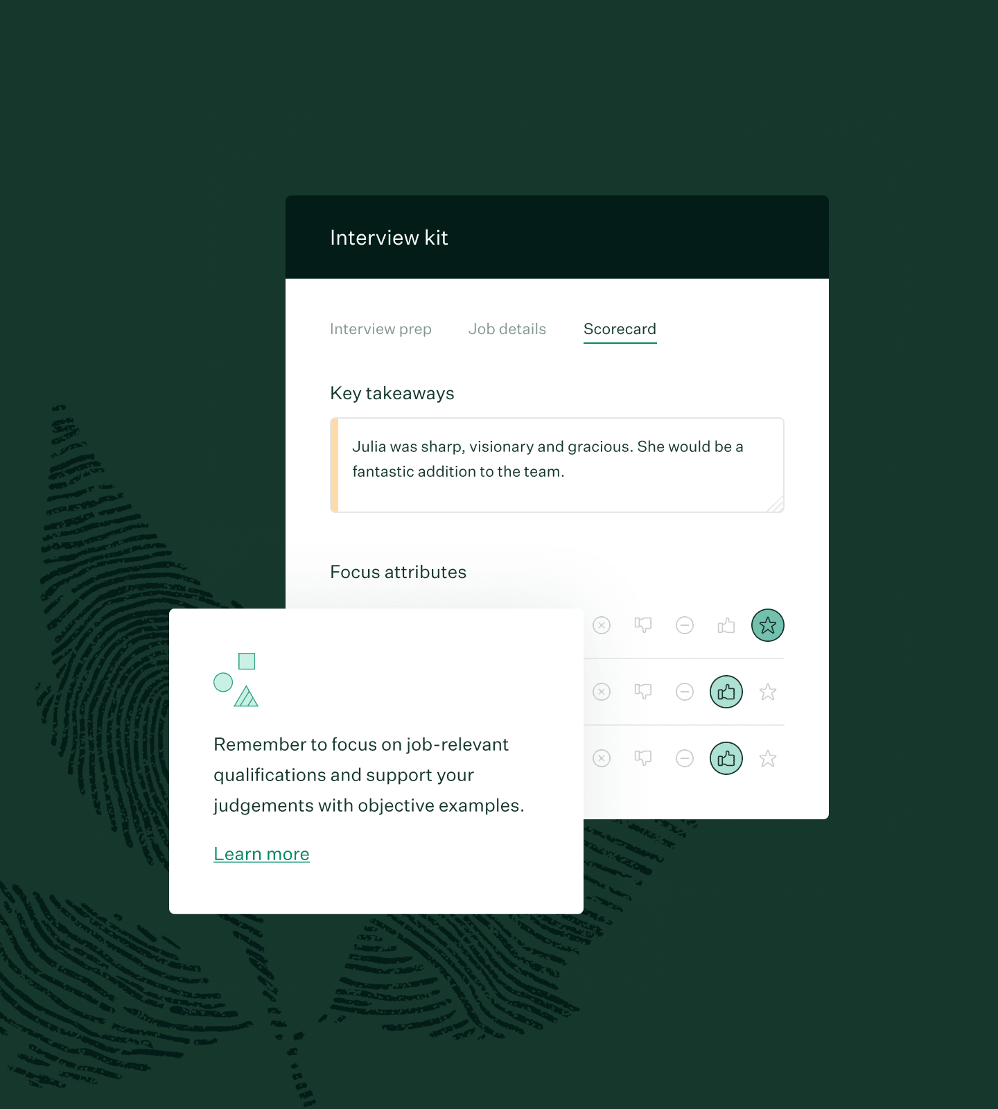 Greenhouse interview kit scorecard and anti bias nudge UI with evergreen fingerprint leaf illustration collage