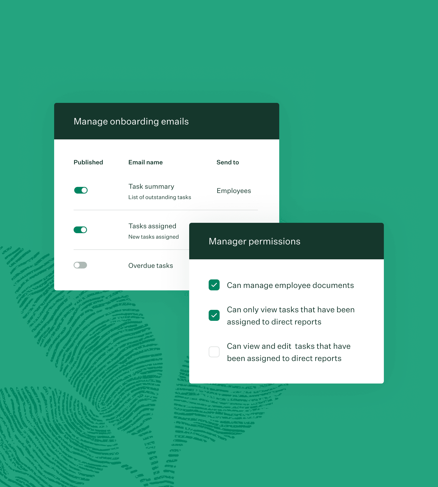 Greenhouse manage onboarding permissions and alerts UI and green fingerprint leaf illustration collage new