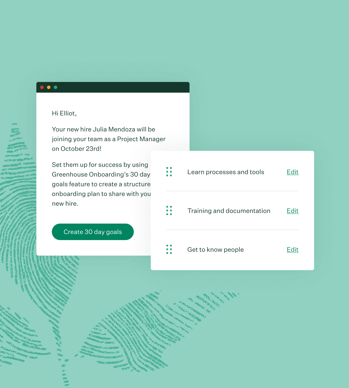 Greenhouse new hire tasks and automated user alerts UI and green fingerprint leaf illustration collage