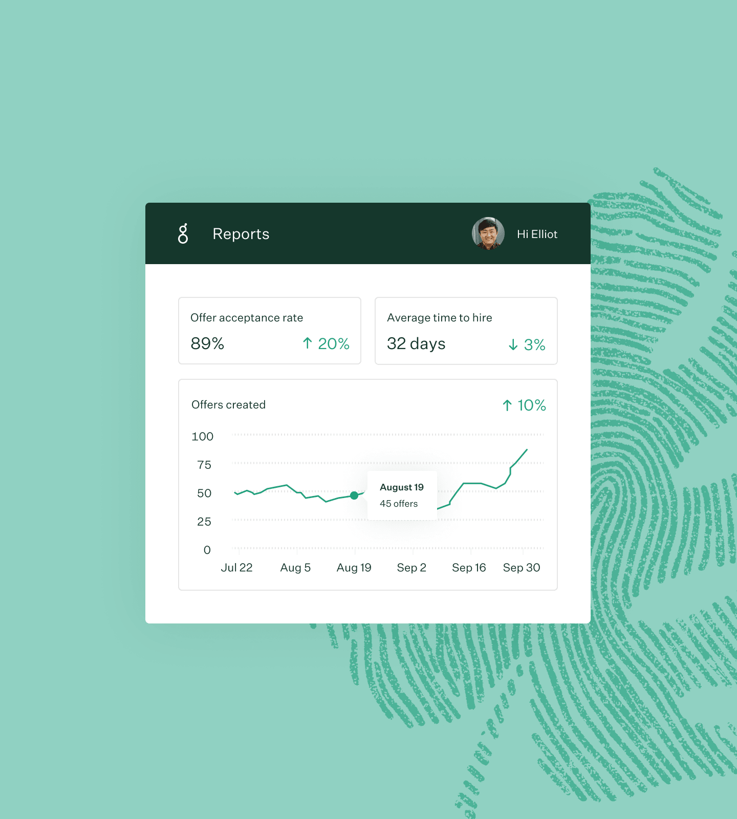 Greenhouse report dashboard offers and hiring UI and green fingerprint leaf illustration collage
