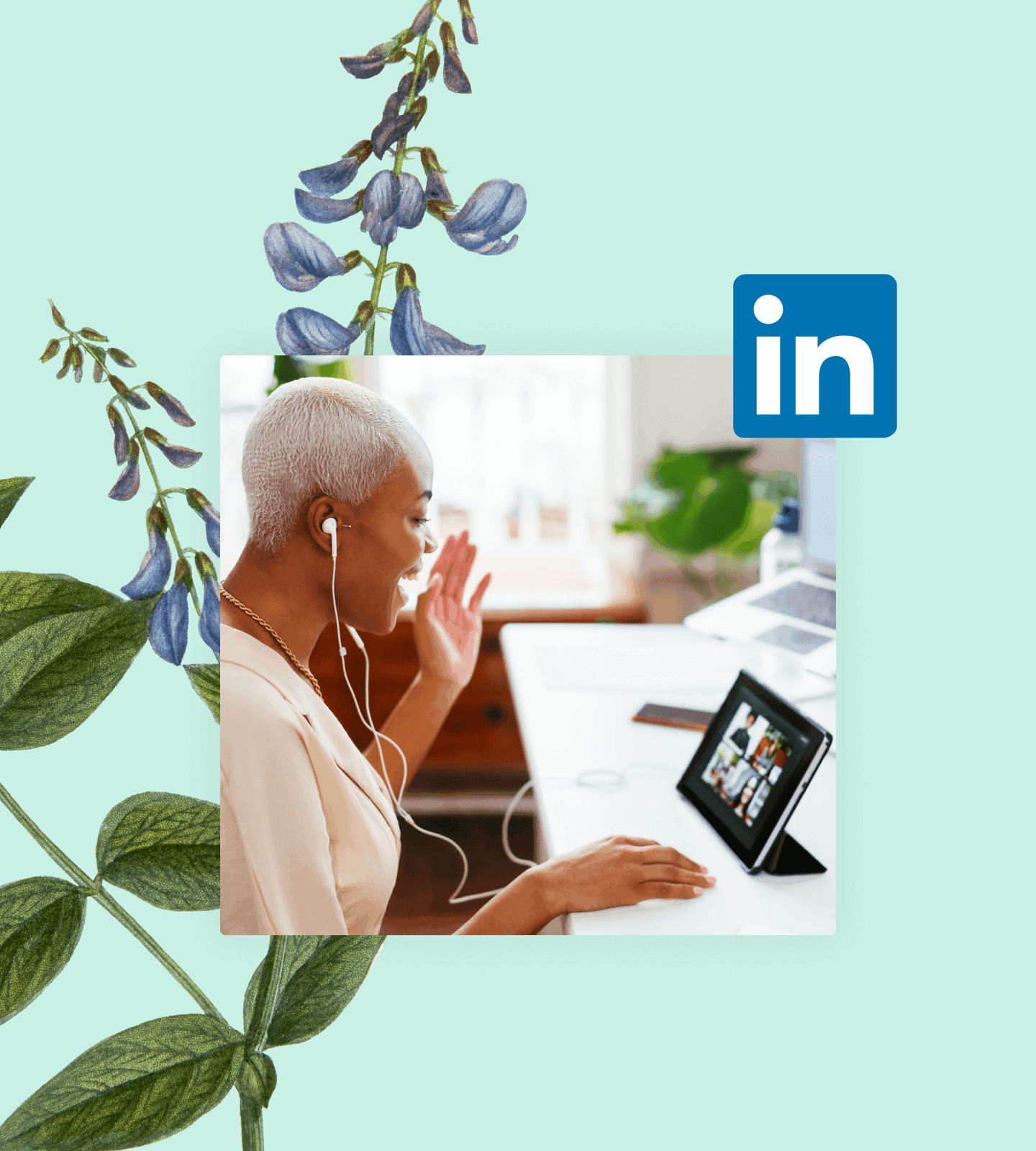 Image of a woman waving at a tablet and the LinkedIn logo