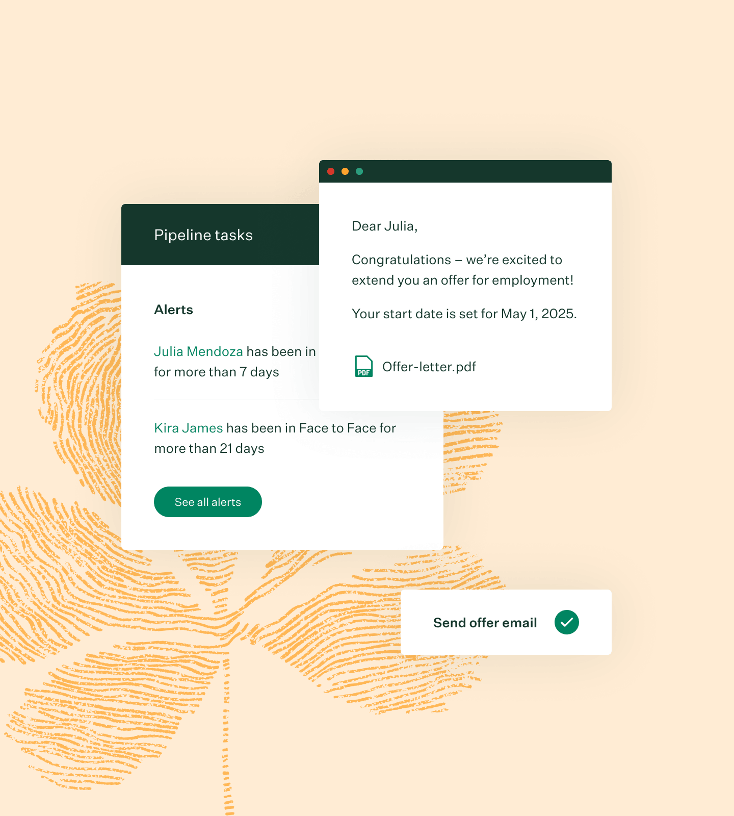 Offer letter UI and overdue pipeline alerts ui with fingerprint leaf