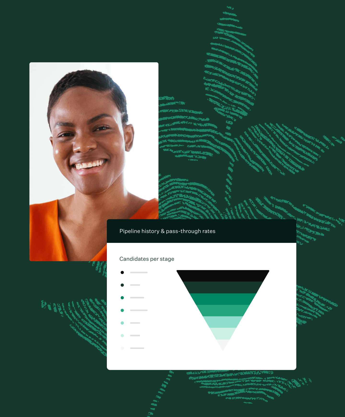 Woman wearing a red top next to Candidate pipeline ui screen